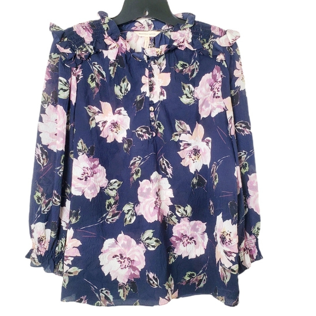 Rebecca Taylor Magnolia Silk Navy Floral Blouse Women's Ruffled Long Sleeve Top